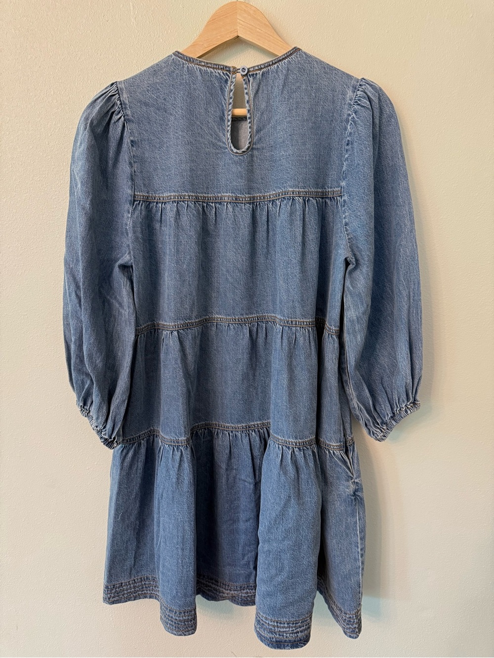 Stellah Tiered Denim Mini Dress Blue Puff Sleeve Babydoll Size S - Picture 6 of 8